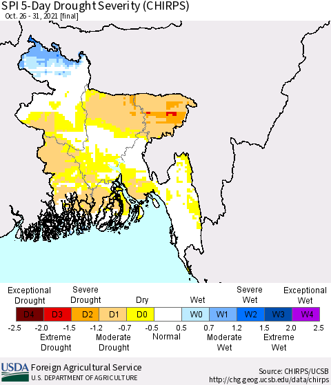 Bangladesh SPI 5-Day Drought Severity (CHIRPS) Thematic Map For 10/26/2021 - 10/31/2021