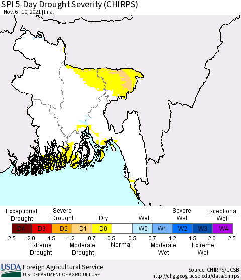 Bangladesh SPI 5-Day Drought Severity (CHIRPS) Thematic Map For 11/6/2021 - 11/10/2021