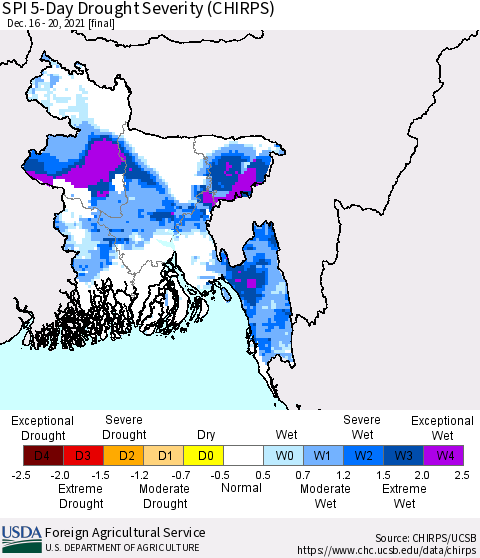 Bangladesh SPI 5-Day Drought Severity (CHIRPS) Thematic Map For 12/16/2021 - 12/20/2021