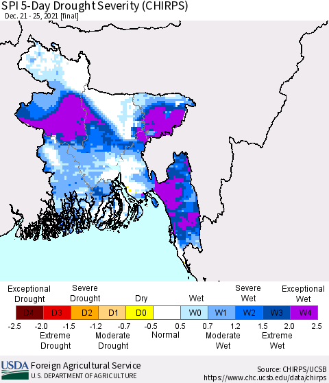 Bangladesh SPI 5-Day Drought Severity (CHIRPS) Thematic Map For 12/21/2021 - 12/25/2021