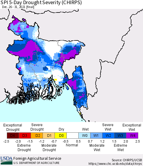 Bangladesh SPI 5-Day Drought Severity (CHIRPS) Thematic Map For 12/26/2021 - 12/31/2021