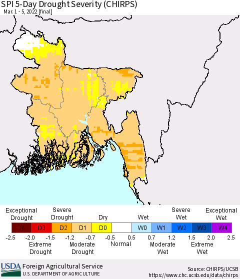 Bangladesh SPI 5-Day Drought Severity (CHIRPS) Thematic Map For 3/1/2022 - 3/5/2022