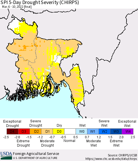 Bangladesh SPI 5-Day Drought Severity (CHIRPS) Thematic Map For 3/6/2022 - 3/10/2022