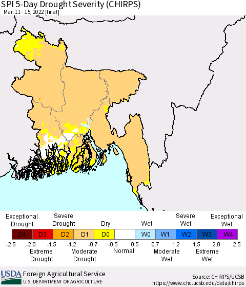 Bangladesh SPI 5-Day Drought Severity (CHIRPS) Thematic Map For 3/11/2022 - 3/15/2022