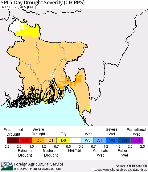Bangladesh SPI 5-Day Drought Severity (CHIRPS) Thematic Map For 3/16/2022 - 3/20/2022