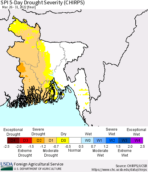 Bangladesh SPI 5-Day Drought Severity (CHIRPS) Thematic Map For 3/26/2022 - 3/31/2022