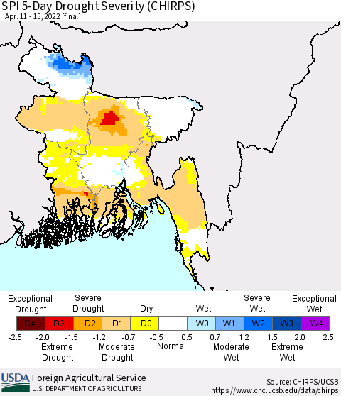 Bangladesh SPI 5-Day Drought Severity (CHIRPS) Thematic Map For 4/11/2022 - 4/15/2022