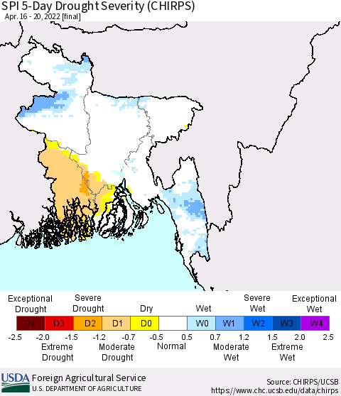 Bangladesh SPI 5-Day Drought Severity (CHIRPS) Thematic Map For 4/16/2022 - 4/20/2022
