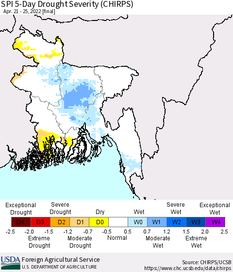 Bangladesh SPI 5-Day Drought Severity (CHIRPS) Thematic Map For 4/21/2022 - 4/25/2022