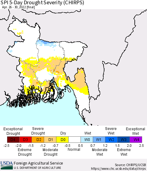 Bangladesh SPI 5-Day Drought Severity (CHIRPS) Thematic Map For 4/26/2022 - 4/30/2022