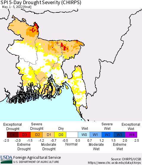 Bangladesh SPI 5-Day Drought Severity (CHIRPS) Thematic Map For 5/1/2022 - 5/5/2022