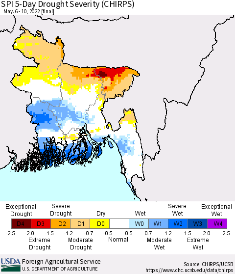 Bangladesh SPI 5-Day Drought Severity (CHIRPS) Thematic Map For 5/6/2022 - 5/10/2022