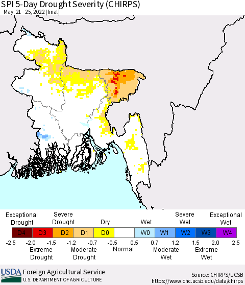 Bangladesh SPI 5-Day Drought Severity (CHIRPS) Thematic Map For 5/21/2022 - 5/25/2022