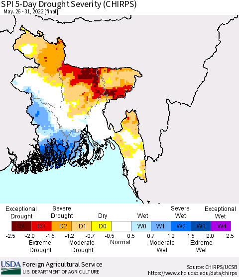 Bangladesh SPI 5-Day Drought Severity (CHIRPS) Thematic Map For 5/26/2022 - 5/31/2022