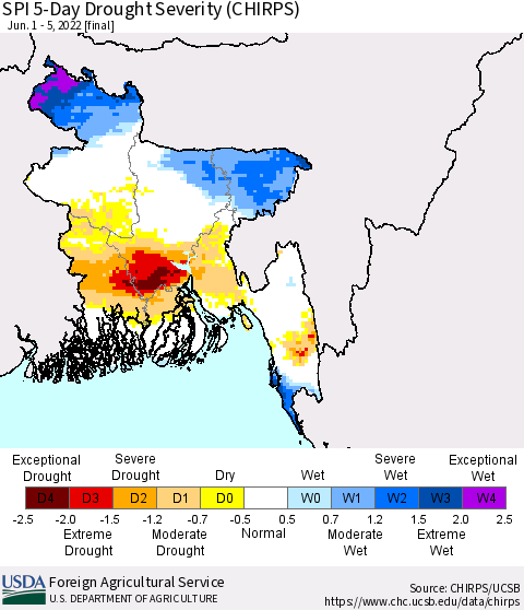 Bangladesh SPI 5-Day Drought Severity (CHIRPS) Thematic Map For 6/1/2022 - 6/5/2022