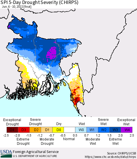 Bangladesh SPI 5-Day Drought Severity (CHIRPS) Thematic Map For 6/6/2022 - 6/10/2022