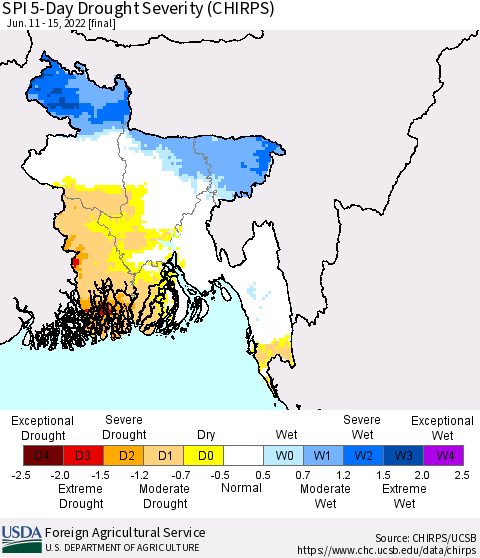 Bangladesh SPI 5-Day Drought Severity (CHIRPS) Thematic Map For 6/11/2022 - 6/15/2022