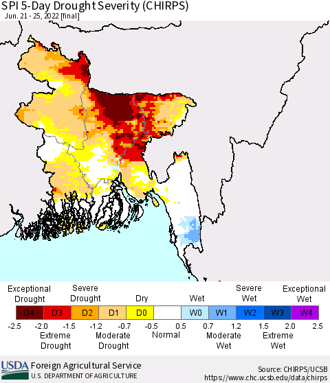 Bangladesh SPI 5-Day Drought Severity (CHIRPS) Thematic Map For 6/21/2022 - 6/25/2022