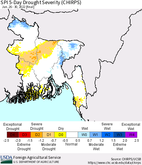 Bangladesh SPI 5-Day Drought Severity (CHIRPS) Thematic Map For 6/26/2022 - 6/30/2022