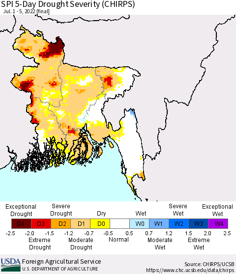 Bangladesh SPI 5-Day Drought Severity (CHIRPS) Thematic Map For 7/1/2022 - 7/5/2022