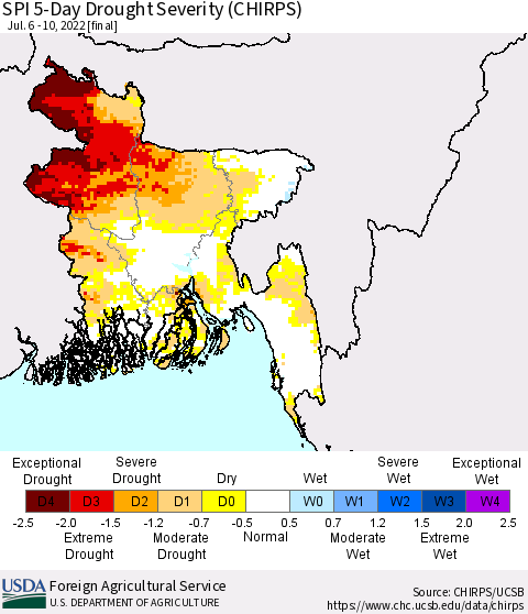 Bangladesh SPI 5-Day Drought Severity (CHIRPS) Thematic Map For 7/6/2022 - 7/10/2022