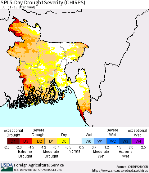Bangladesh SPI 5-Day Drought Severity (CHIRPS) Thematic Map For 7/11/2022 - 7/15/2022