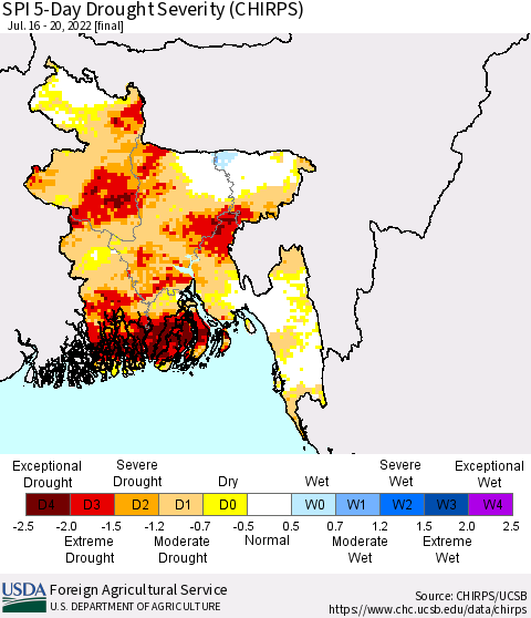 Bangladesh SPI 5-Day Drought Severity (CHIRPS) Thematic Map For 7/16/2022 - 7/20/2022