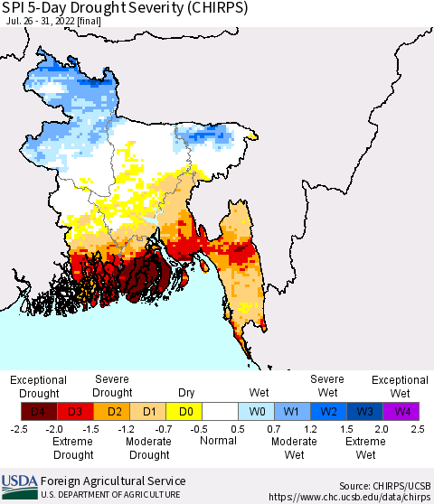 Bangladesh SPI 5-Day Drought Severity (CHIRPS) Thematic Map For 7/26/2022 - 7/31/2022