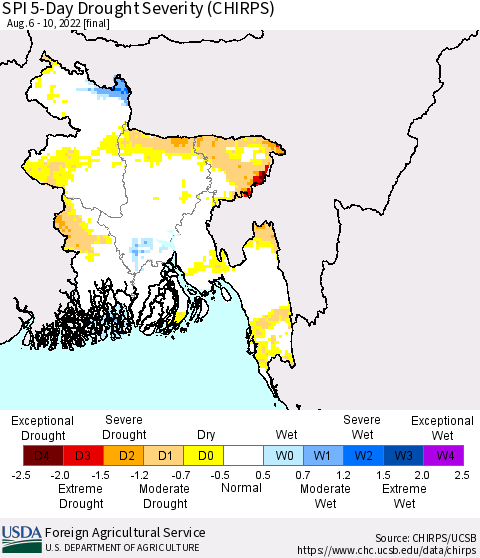 Bangladesh SPI 5-Day Drought Severity (CHIRPS) Thematic Map For 8/6/2022 - 8/10/2022