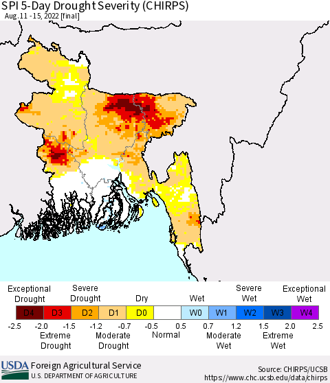 Bangladesh SPI 5-Day Drought Severity (CHIRPS) Thematic Map For 8/11/2022 - 8/15/2022