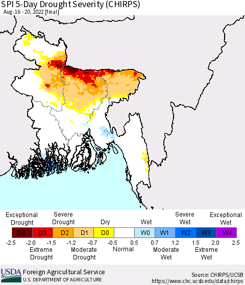 Bangladesh SPI 5-Day Drought Severity (CHIRPS) Thematic Map For 8/16/2022 - 8/20/2022