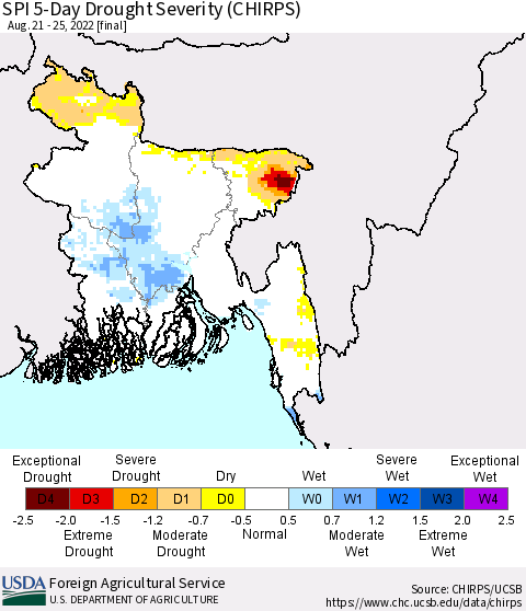 Bangladesh SPI 5-Day Drought Severity (CHIRPS) Thematic Map For 8/21/2022 - 8/25/2022