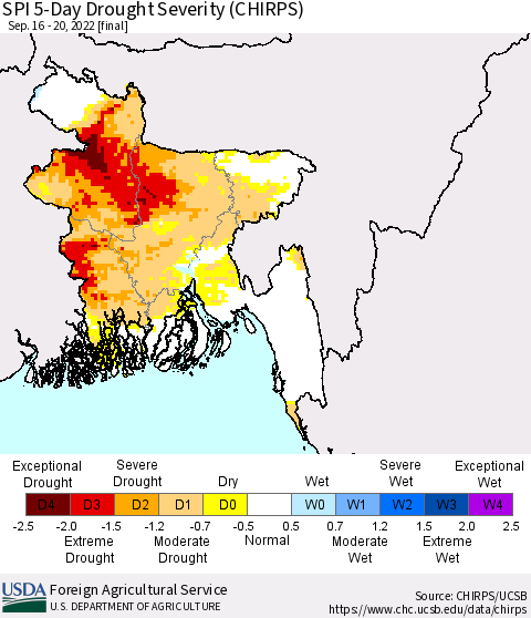 Bangladesh SPI 5-Day Drought Severity (CHIRPS) Thematic Map For 9/16/2022 - 9/20/2022