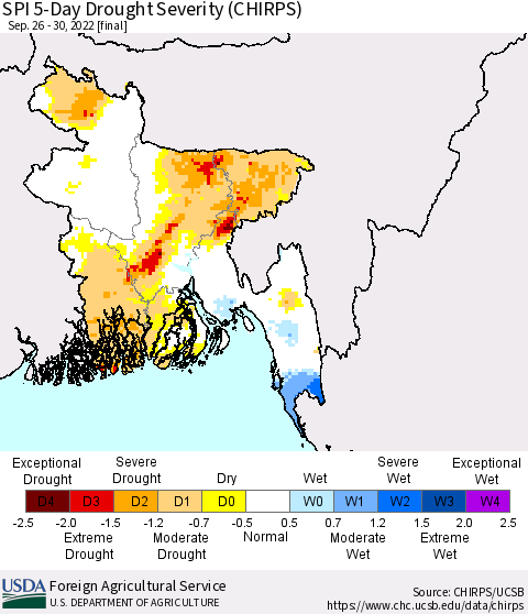 Bangladesh SPI 5-Day Drought Severity (CHIRPS) Thematic Map For 9/26/2022 - 9/30/2022