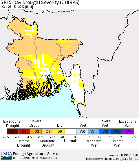 Bangladesh SPI 5-Day Drought Severity (CHIRPS) Thematic Map For 10/26/2022 - 10/31/2022