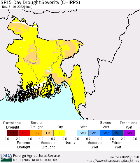 Bangladesh SPI 5-Day Drought Severity (CHIRPS) Thematic Map For 11/6/2022 - 11/10/2022