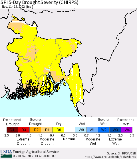 Bangladesh SPI 5-Day Drought Severity (CHIRPS) Thematic Map For 11/11/2022 - 11/15/2022