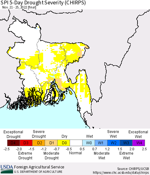 Bangladesh SPI 5-Day Drought Severity (CHIRPS) Thematic Map For 11/21/2022 - 11/25/2022