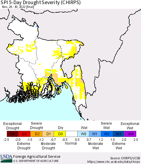 Bangladesh SPI 5-Day Drought Severity (CHIRPS) Thematic Map For 11/26/2022 - 11/30/2022