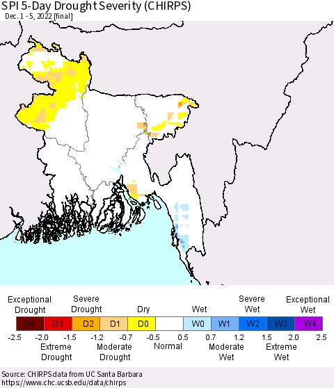 Bangladesh SPI 5-Day Drought Severity (CHIRPS) Thematic Map For 12/1/2022 - 12/5/2022
