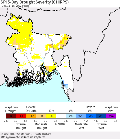 Bangladesh SPI 5-Day Drought Severity (CHIRPS) Thematic Map For 12/11/2022 - 12/15/2022