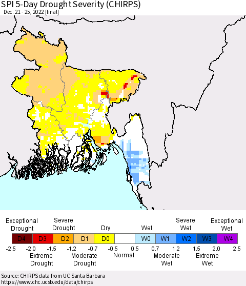 Bangladesh SPI 5-Day Drought Severity (CHIRPS) Thematic Map For 12/21/2022 - 12/25/2022