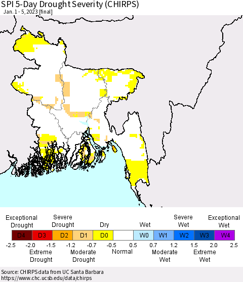 Bangladesh SPI 5-Day Drought Severity (CHIRPS) Thematic Map For 1/1/2023 - 1/5/2023