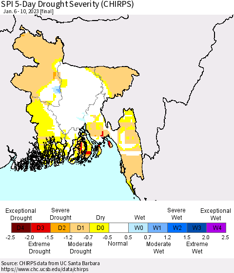 Bangladesh SPI 5-Day Drought Severity (CHIRPS) Thematic Map For 1/6/2023 - 1/10/2023