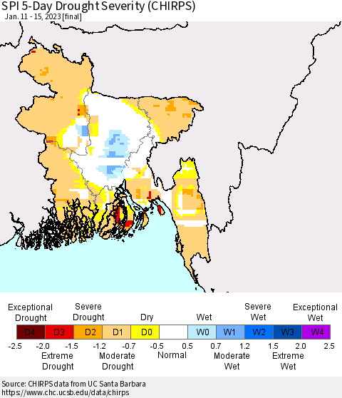Bangladesh SPI 5-Day Drought Severity (CHIRPS) Thematic Map For 1/11/2023 - 1/15/2023