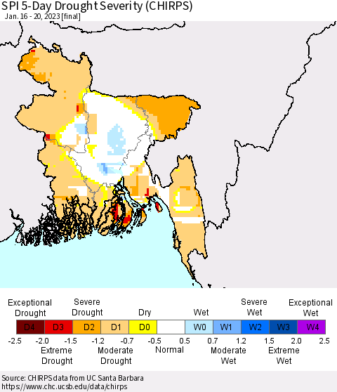 Bangladesh SPI 5-Day Drought Severity (CHIRPS) Thematic Map For 1/16/2023 - 1/20/2023