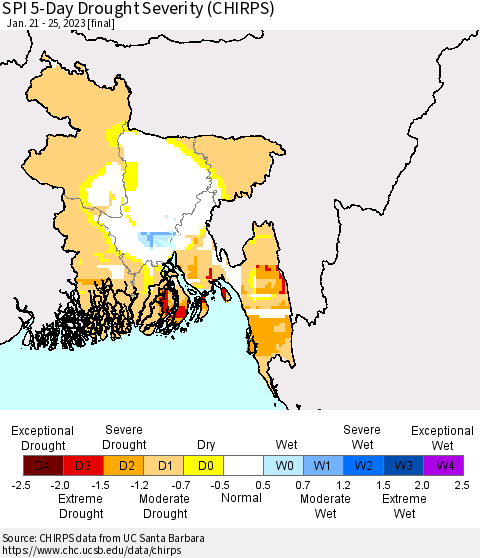 Bangladesh SPI 5-Day Drought Severity (CHIRPS) Thematic Map For 1/21/2023 - 1/25/2023