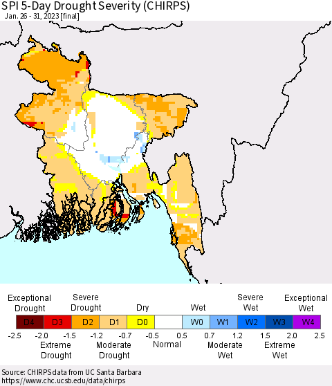 Bangladesh SPI 5-Day Drought Severity (CHIRPS) Thematic Map For 1/26/2023 - 1/31/2023