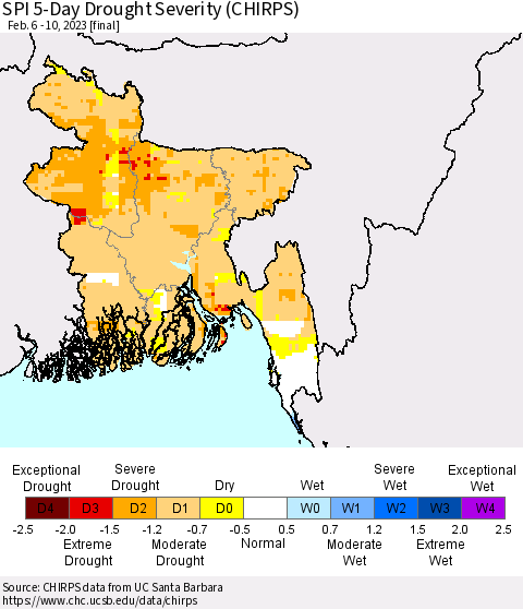Bangladesh SPI 5-Day Drought Severity (CHIRPS) Thematic Map For 2/6/2023 - 2/10/2023