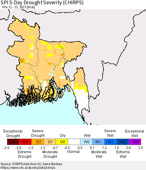 Bangladesh SPI 5-Day Drought Severity (CHIRPS) Thematic Map For 2/11/2023 - 2/15/2023